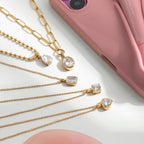 18K Gold Minimal Glow CZ Pendant Paperclip Beaded Chain Layered Necklace Set