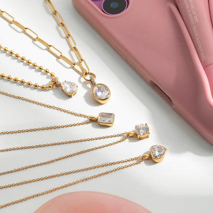 18K Gold Minimal Glow CZ Pendant Paperclip Beaded Chain Layered Necklace Set