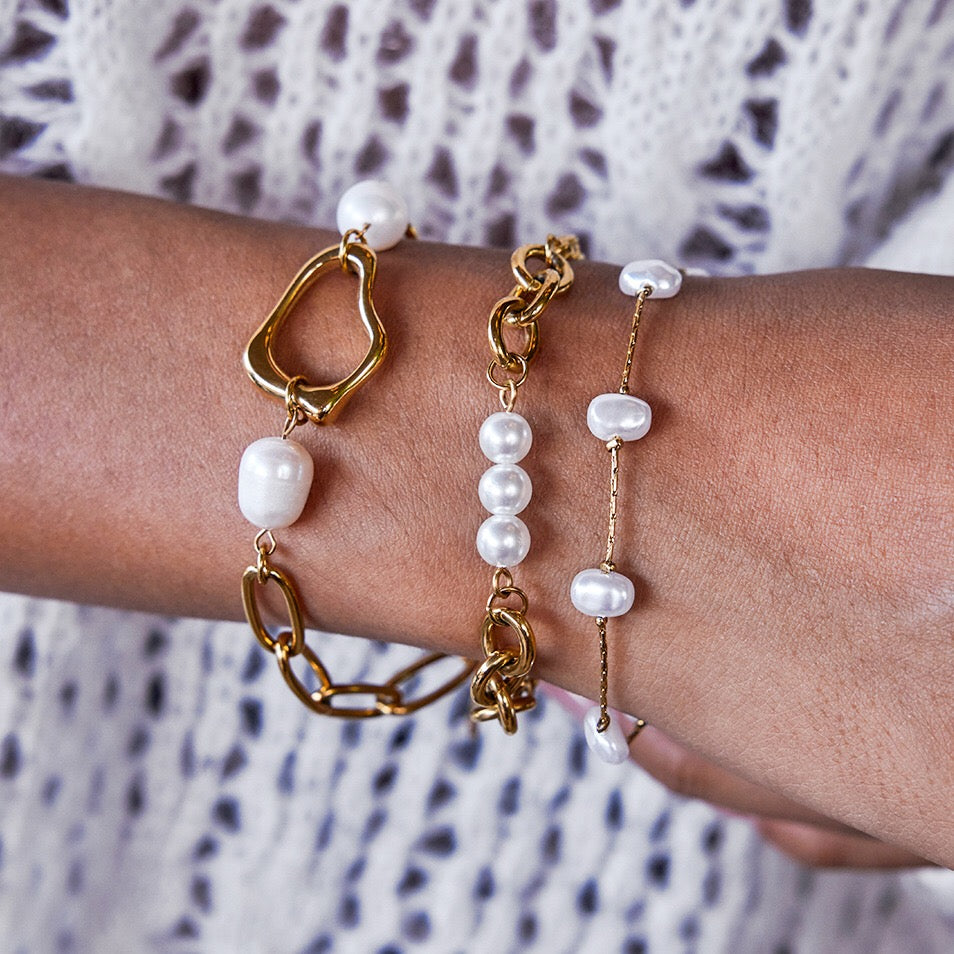 18K Gold Golden Form Pearl Paperclip Chain Bracelet Stack