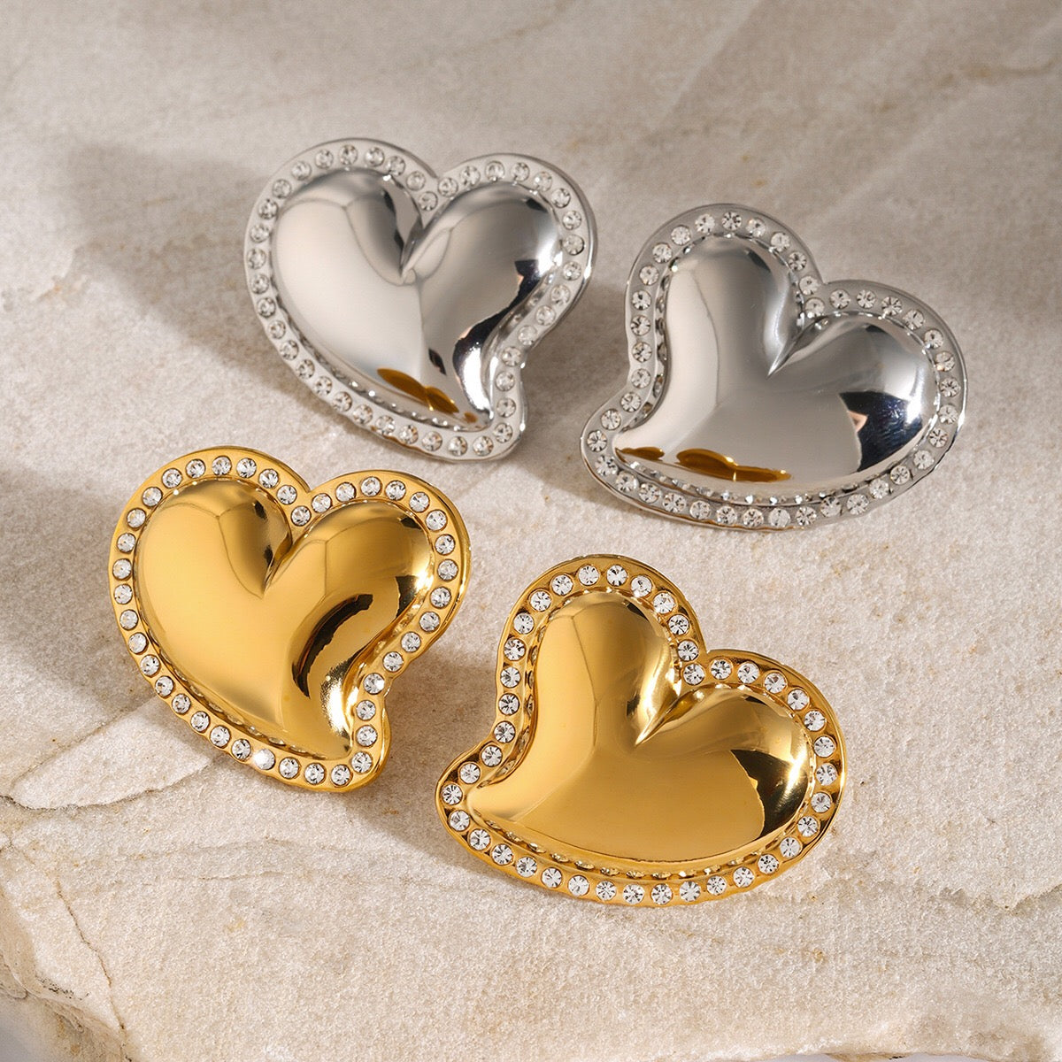 18K Gold Heart Flipped CZ Stud Earrings