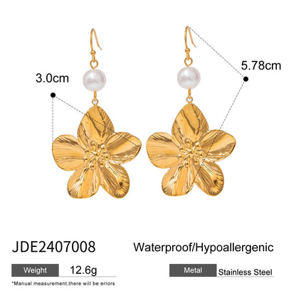 18K Gold Tropical Flower Pearl Dangle Earrings