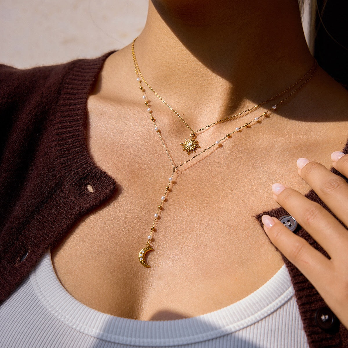 18K Gold Eclipse Spark Sun and Moon Pearl Pendant Y shape Lariat Layered Necklace