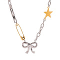 18K Gold and Silver Starry Bow Pendant Pearl Safety Pin Chain Necklace