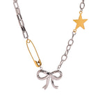 18K Gold and Silver Starry Bow Pendant Pearl Safety Pin Chain Necklace