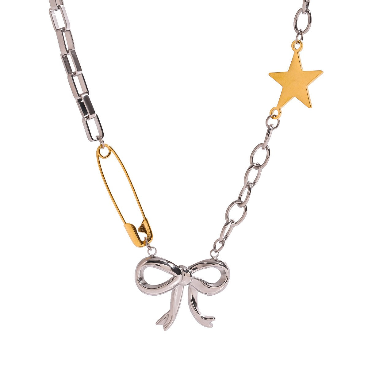 18K Gold and Silver Starry Bow Pendant Pearl Safety Pin Chain Layered Necklace Set