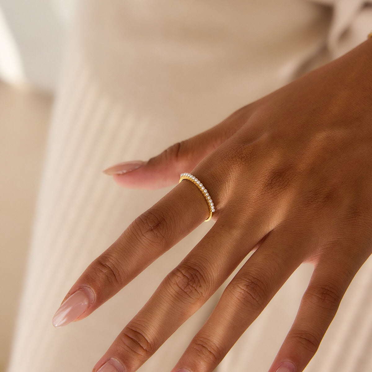 18K Gold Pearl Evermore Dainty Eternity Stacking Ring