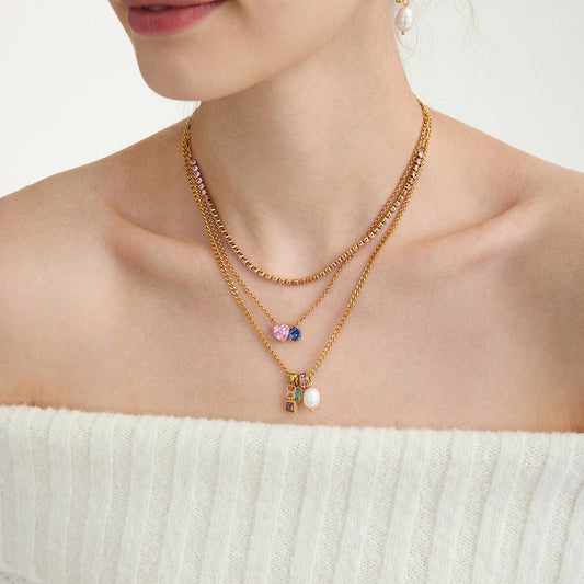 18K Gold Color Twinkle Dainty Charm Layered Tennis Necklace Set