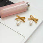 18K Gold Lace Bow Dangle Pearl Cute Stud Earrings