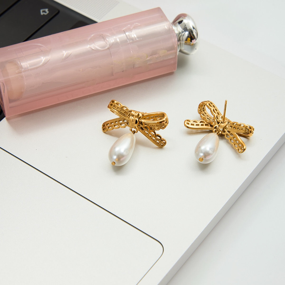 18K Gold Lace Bow Dangle Pearl Cute Stud Earrings