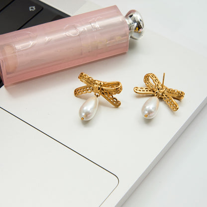 18K Gold Lace Bow Dangle Pearl Cute Stud Earrings