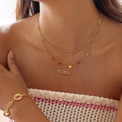 18K Gold Bling Love Letter Pink Jewel Paperclip Chain Layered Necklace Set