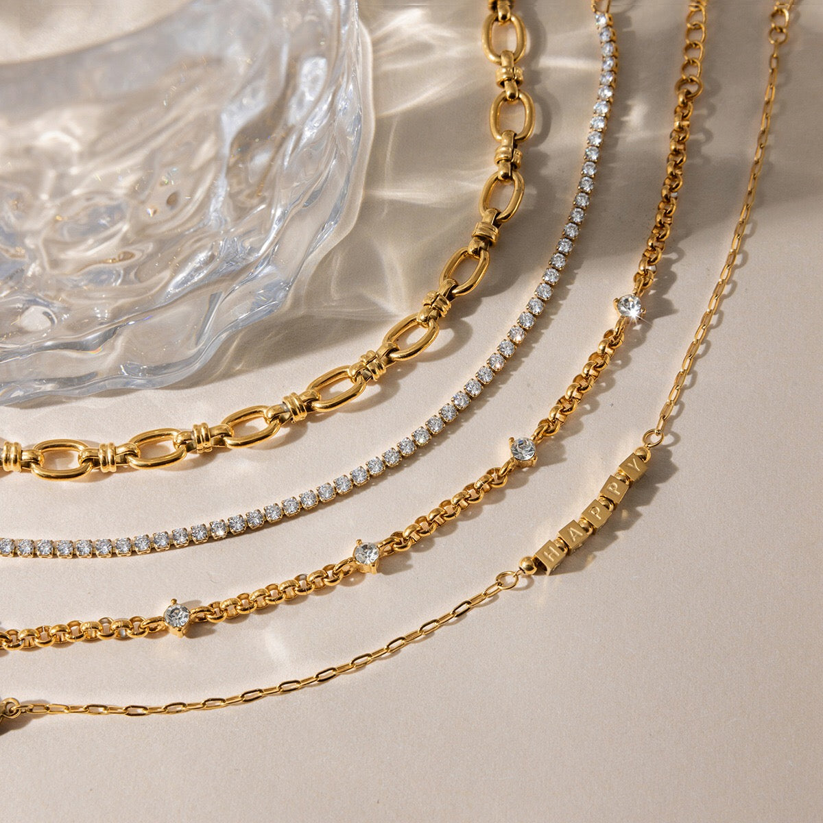 18K Gold HAPPY Letter Dainty Chain Bracelet
