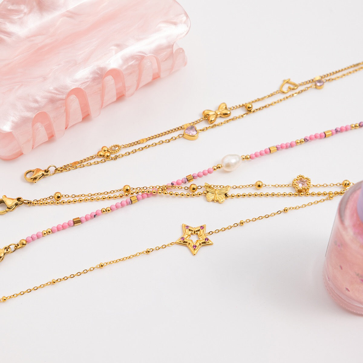 18K Gold Pink Princess Clean Girl Star Bow Heart Dainty Chain Bracelet Stack
