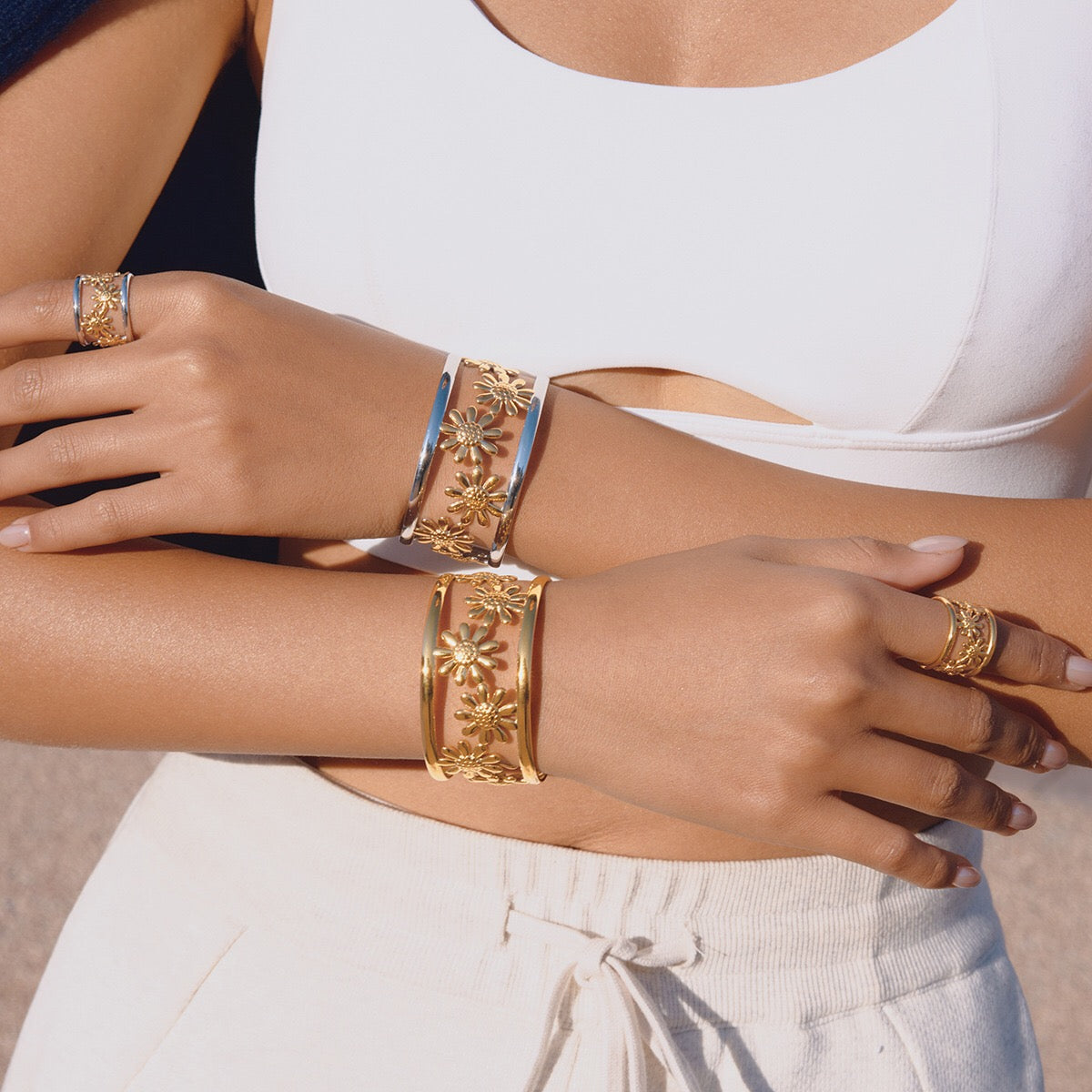 18K Gold and Silver Two Tone Wild Bloom Flower Statement Bangle Cuff Bracelet