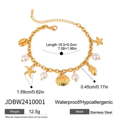 18K Gold Ocean Tale Shell Starfish Pearl Bracelet