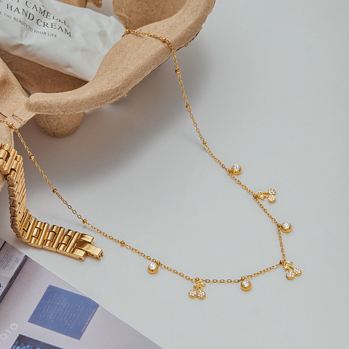 18K Gold Cherry Sprinkled Bling Dainty Necklace