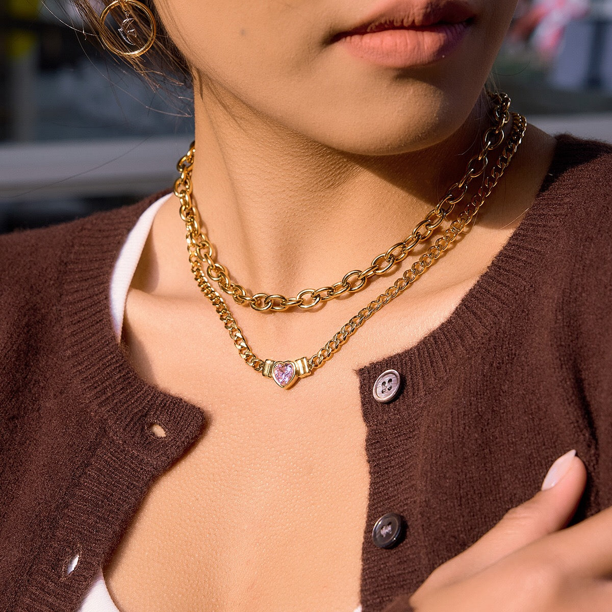 18K Gold Crimson Crush Red Pink Heart Cuban Link Chain Necklace