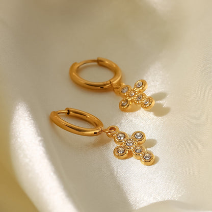 18K Gold Cross Small Hoop Huggie Earrings