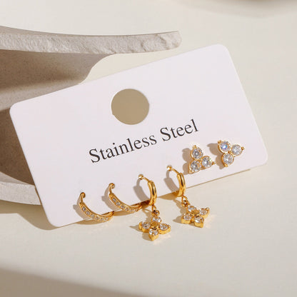 18K Gold Four Leaf Clover Dainty Flower CZ Huggie Earrings Ear Studs Set