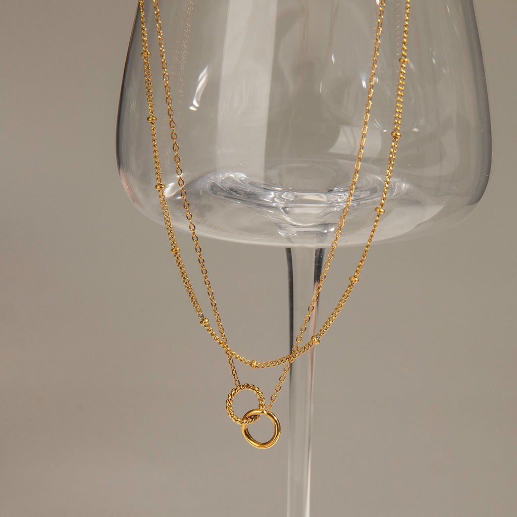 18K Gold Lingering Dainty Pendant Double Chain Layered Necklace