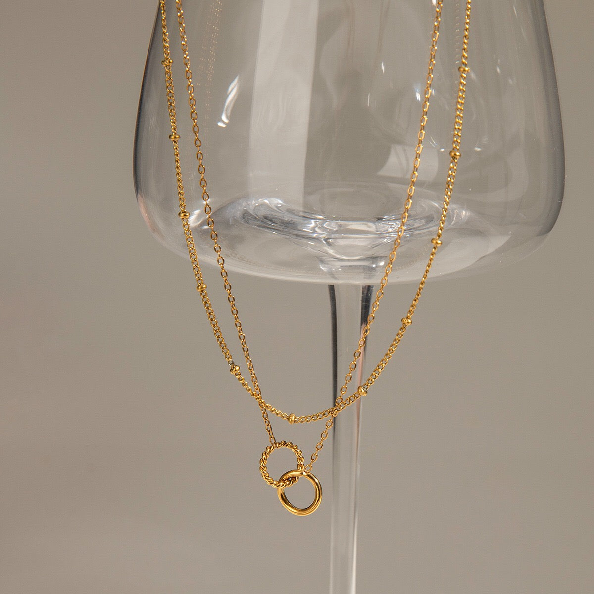 18K Gold Lingering Dainty Pendant Double Chain Layered Necklace