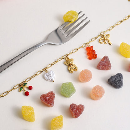 18K Gold Gummy Bear Cute Bow Cherry Paperclip Chain Charm Necklace