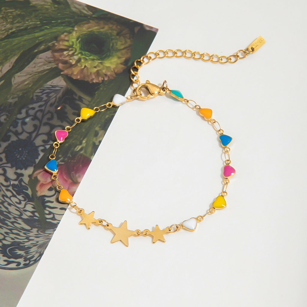 18K Gold Stars Align Dainty Chain Colorful Hearts Bracelet Stack
