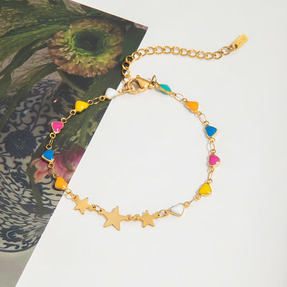 18K Gold Stars Align Dainty Chain Colorful Hearts Bracelet Stack