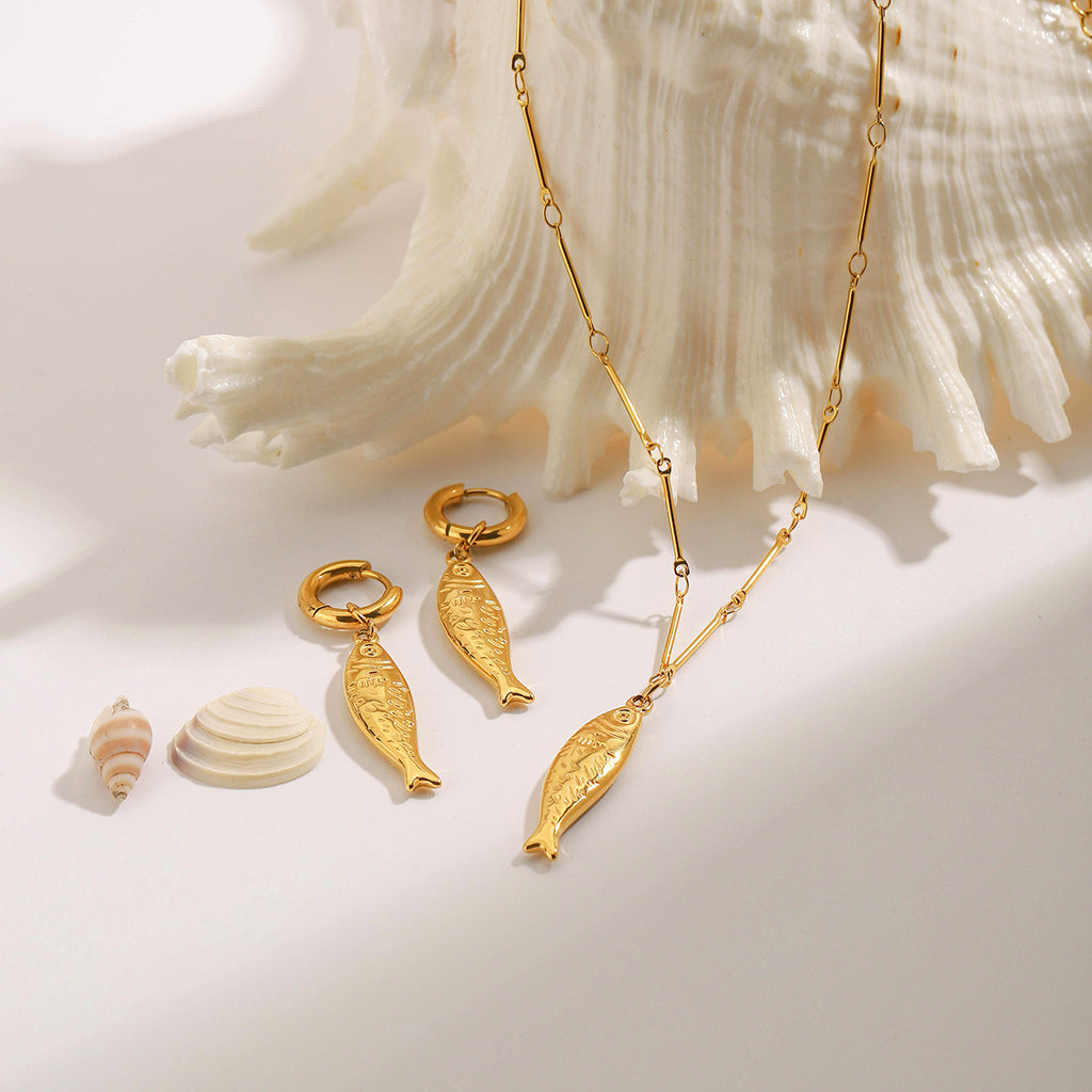 18K Gold Ocean Themed Fish Small Hoop Huggie Earrings with Charm
