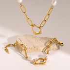 18K Gold Paperclip Chain Pearl Beads Pendant Necklace