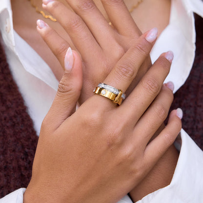 18K Gold and Silver Two Tone Noble Multiple Linked Eternity Spinelli Ring Stack