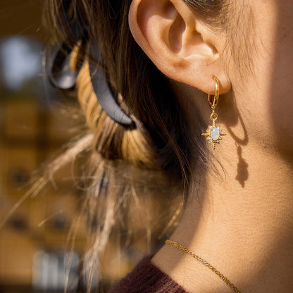 18K Gold Northern Star Opal Small Hoop Dangle Huggie Earrings