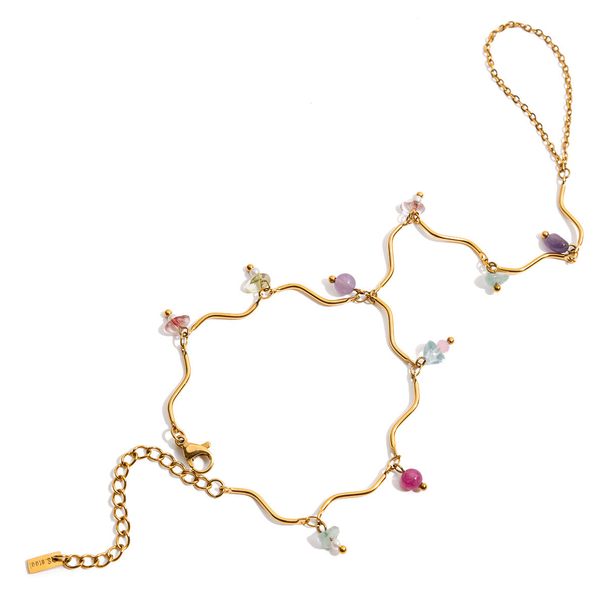 18K Gold Waterproof Pastel Gemstone Delicate Wavy Hand Chain Bracelet