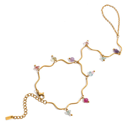 18K Gold Waterproof Pastel Gemstone Delicate Wavy Hand Chain Bracelet