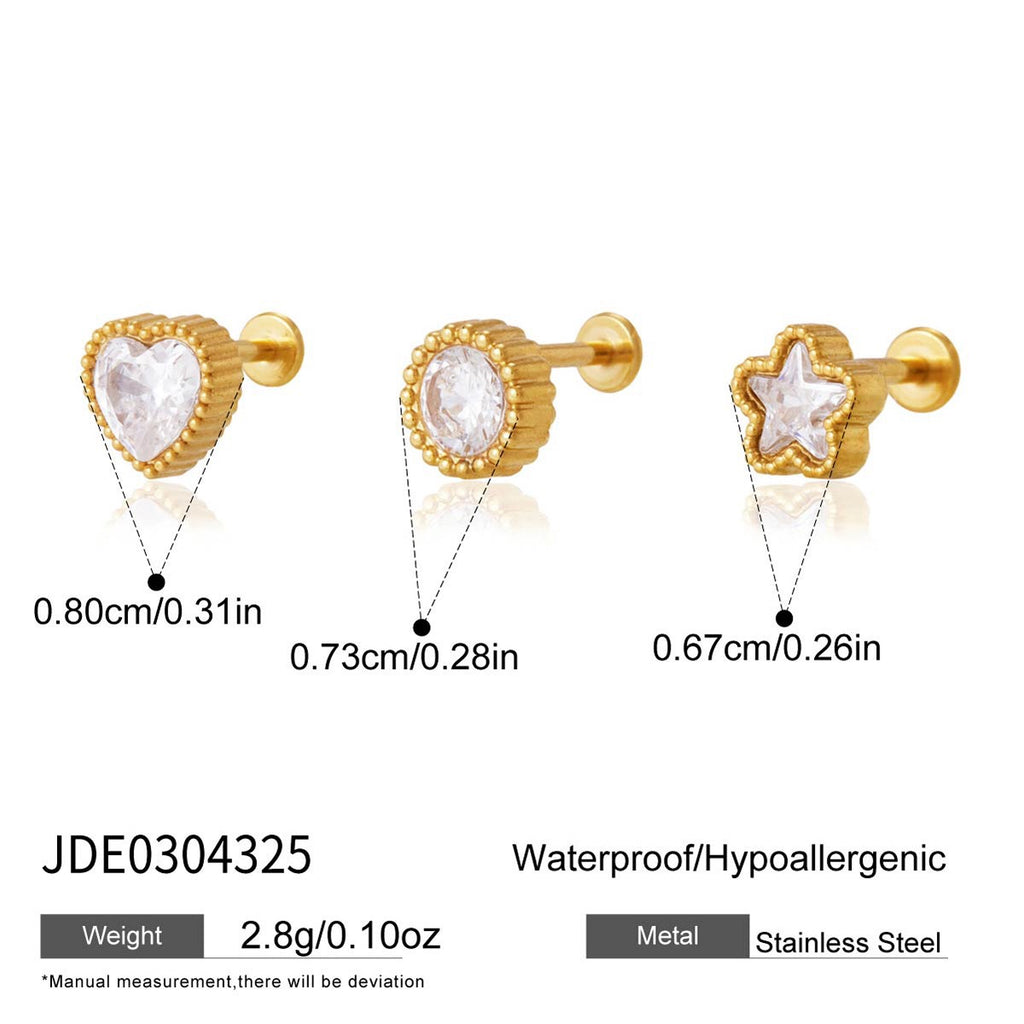 18K GoldLucky Charms Star Heart Flat Back Stud Nap Earrings Set