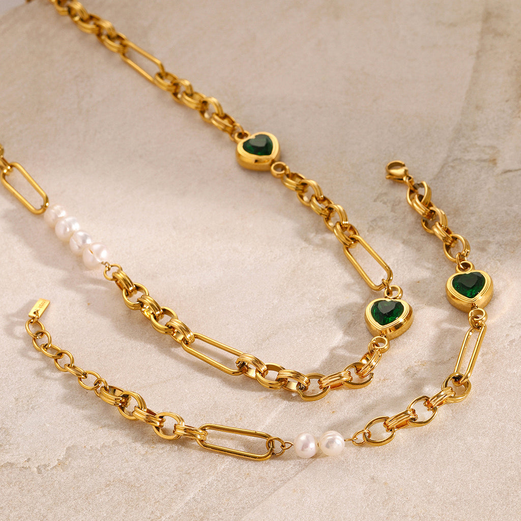 18K Gold Emerald Heart Pearl Beads Chunky Chain Necklace