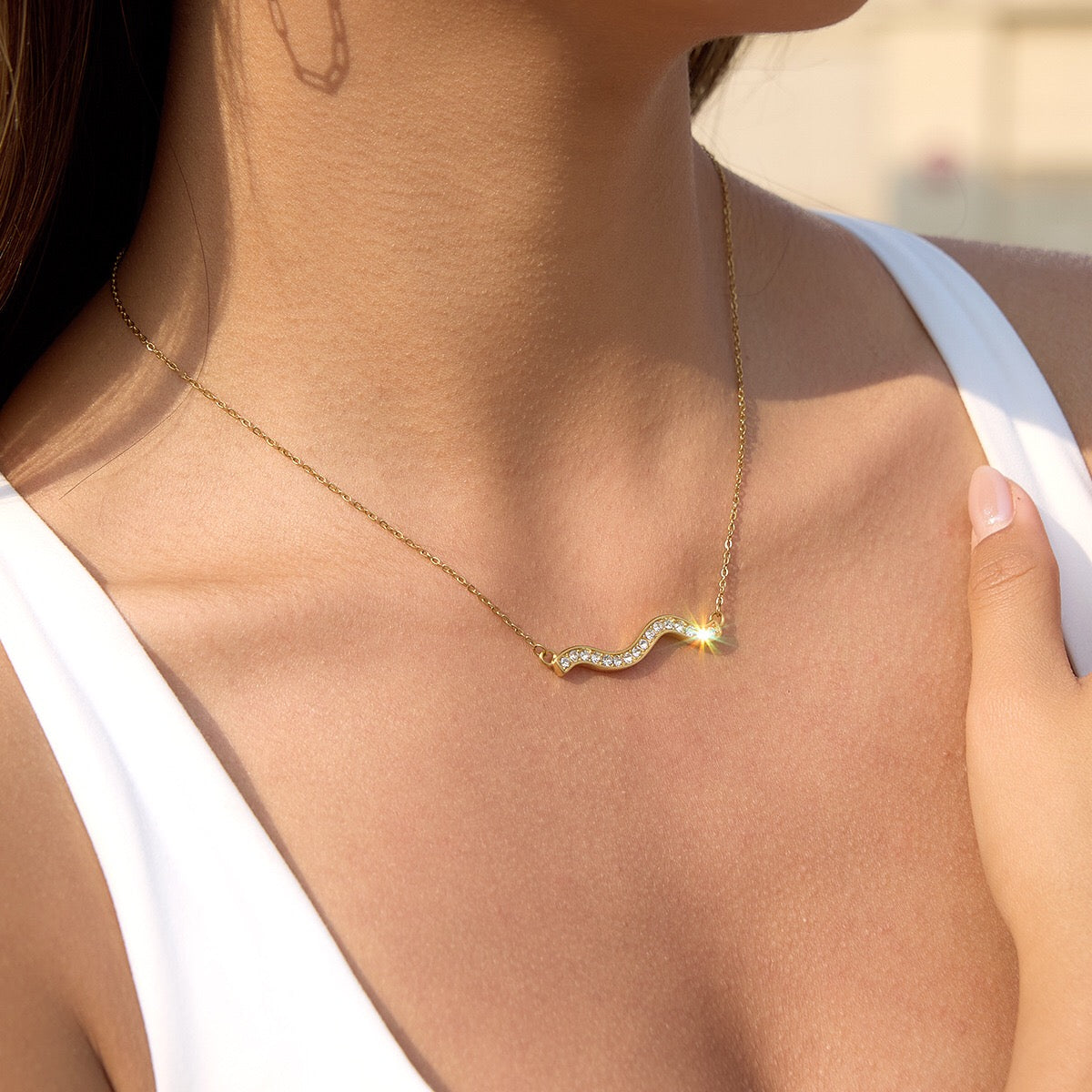 18K Gold Ocean Sway Pave Wave Dainty Pendant Necklace