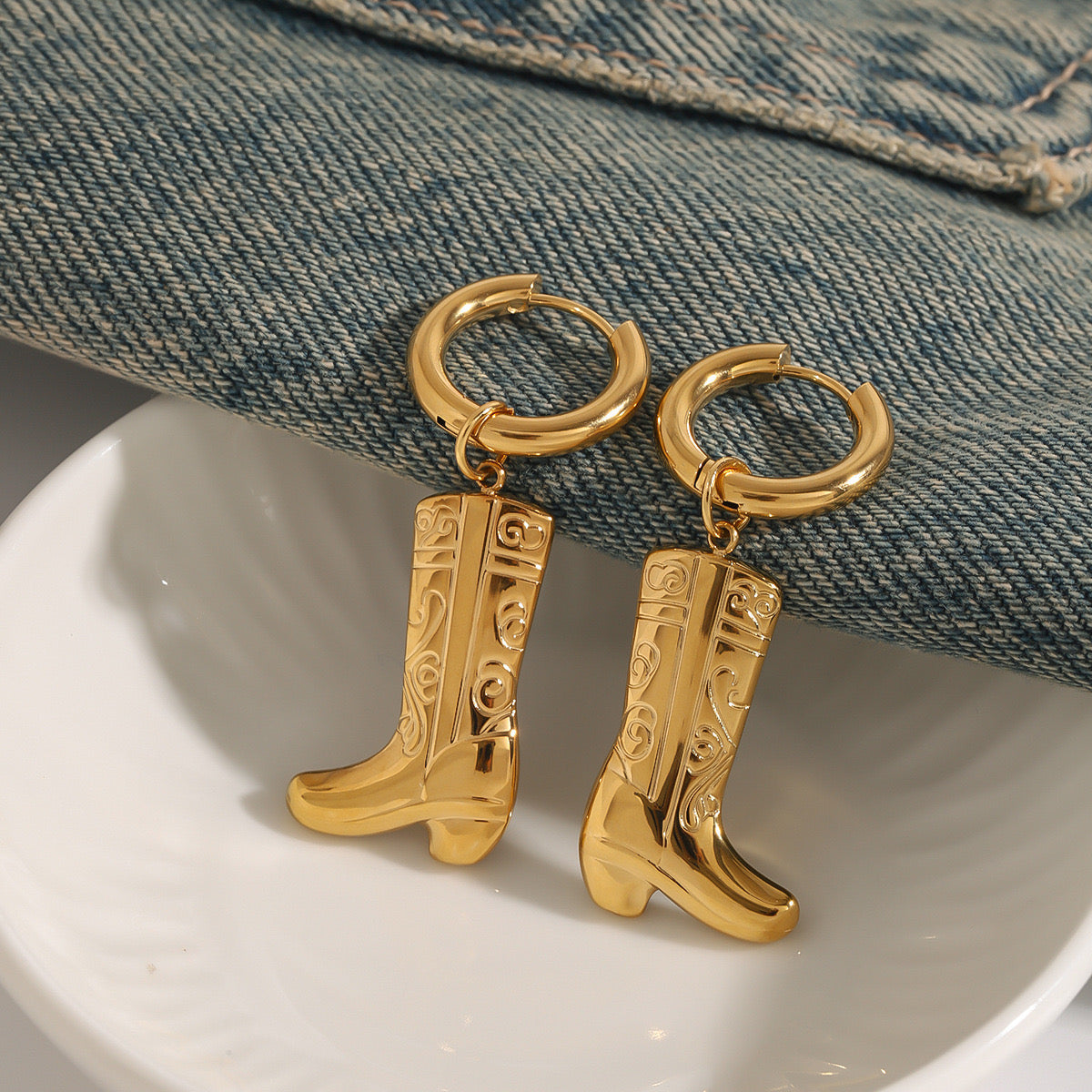 18K Gold Cowboy Boots Huggie Earrings With Charm