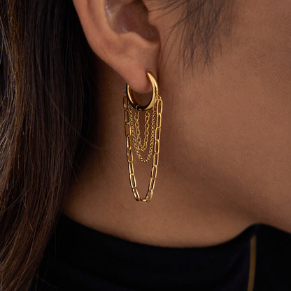 18K Gold Chic Chain Small Hoop Dangle Huggie Earrings