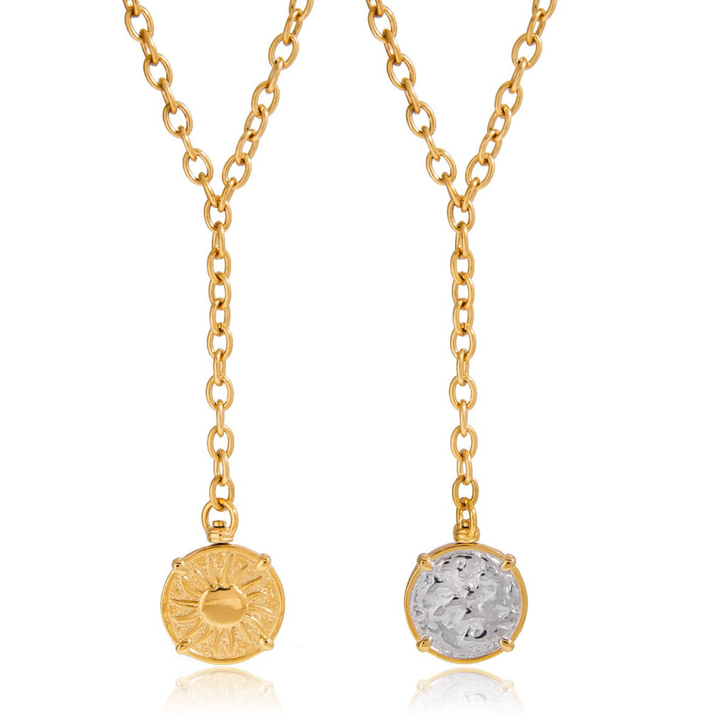 18K Gold Sun Goddess Y Shape Coin Pendant Necklace