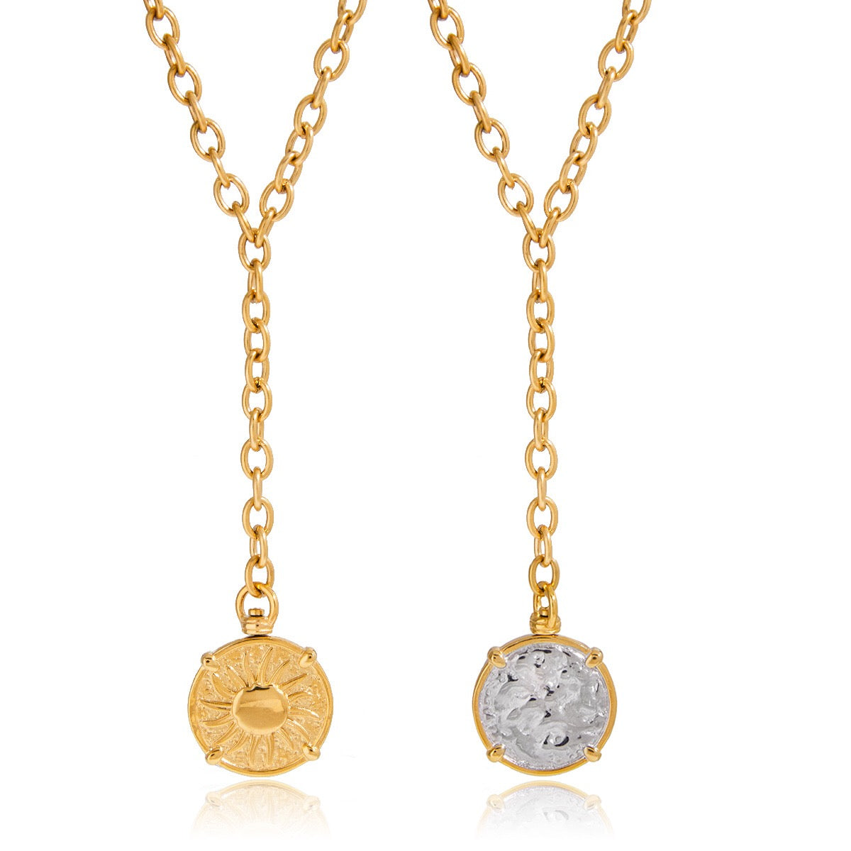 18K Gold Sun Goddess Y Shape Coin Pendant Necklace