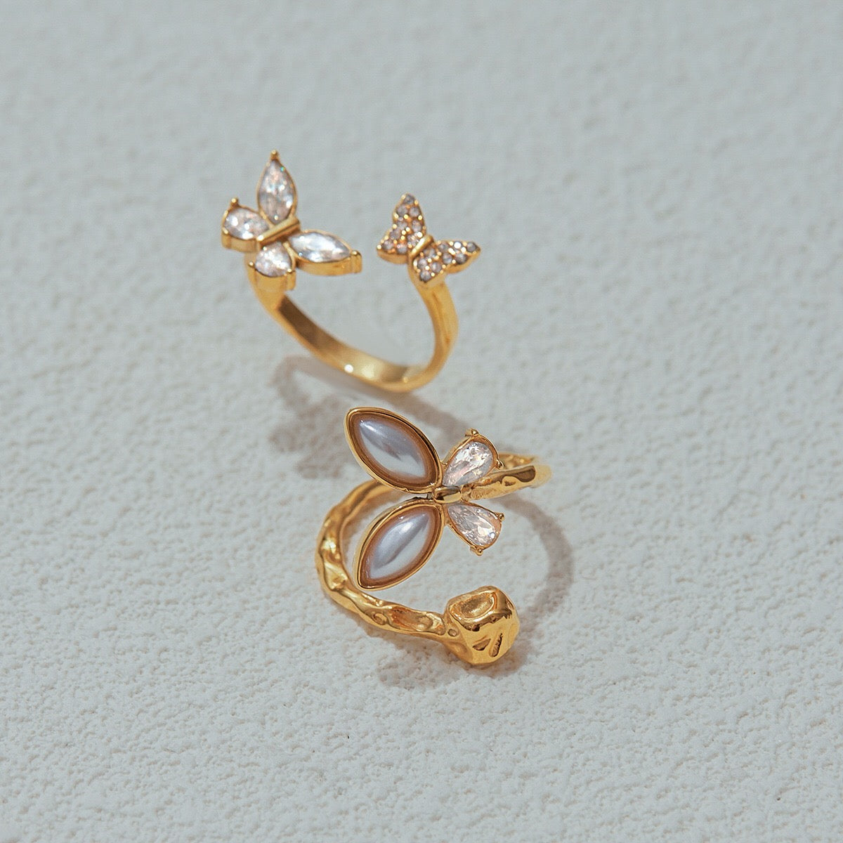 18K Gold Bejeweled Pearl Butterfly Cuff Ring