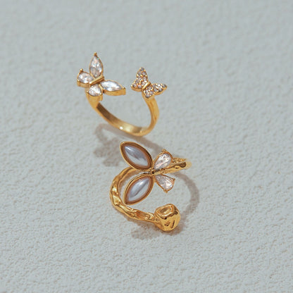 18K Gold Bejeweled Pearl Butterfly Cuff Ring