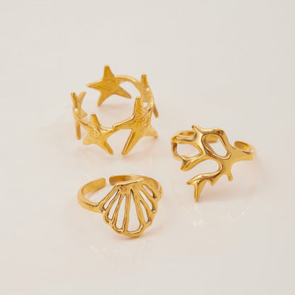 18K Gold Coastal Life Seashel Coral Starfish Ring Sets