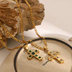 18K Gold Gemstone Cross Pendant Figaro Chain Statement Necklace
