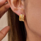 18K Gold Gentle Breeze Leaf CZ Small Hoop Huggie Earrings