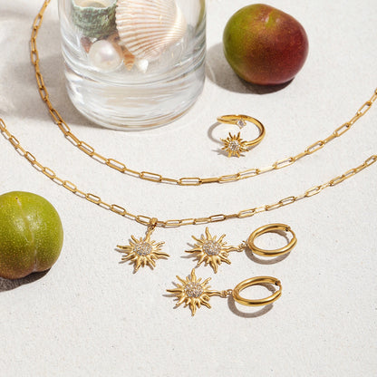 18K Gold Solar Pendant Paper Clip Double Chain Layered Necklace Set