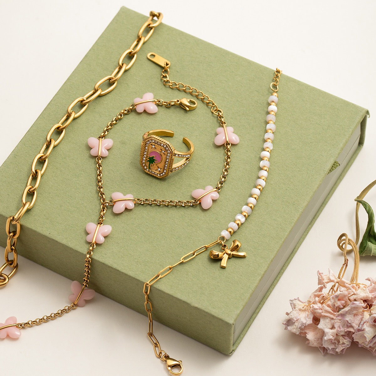 18K Gold Waterproof Pink Butterfly Trendy Hand Jewelry Chain Bracelet