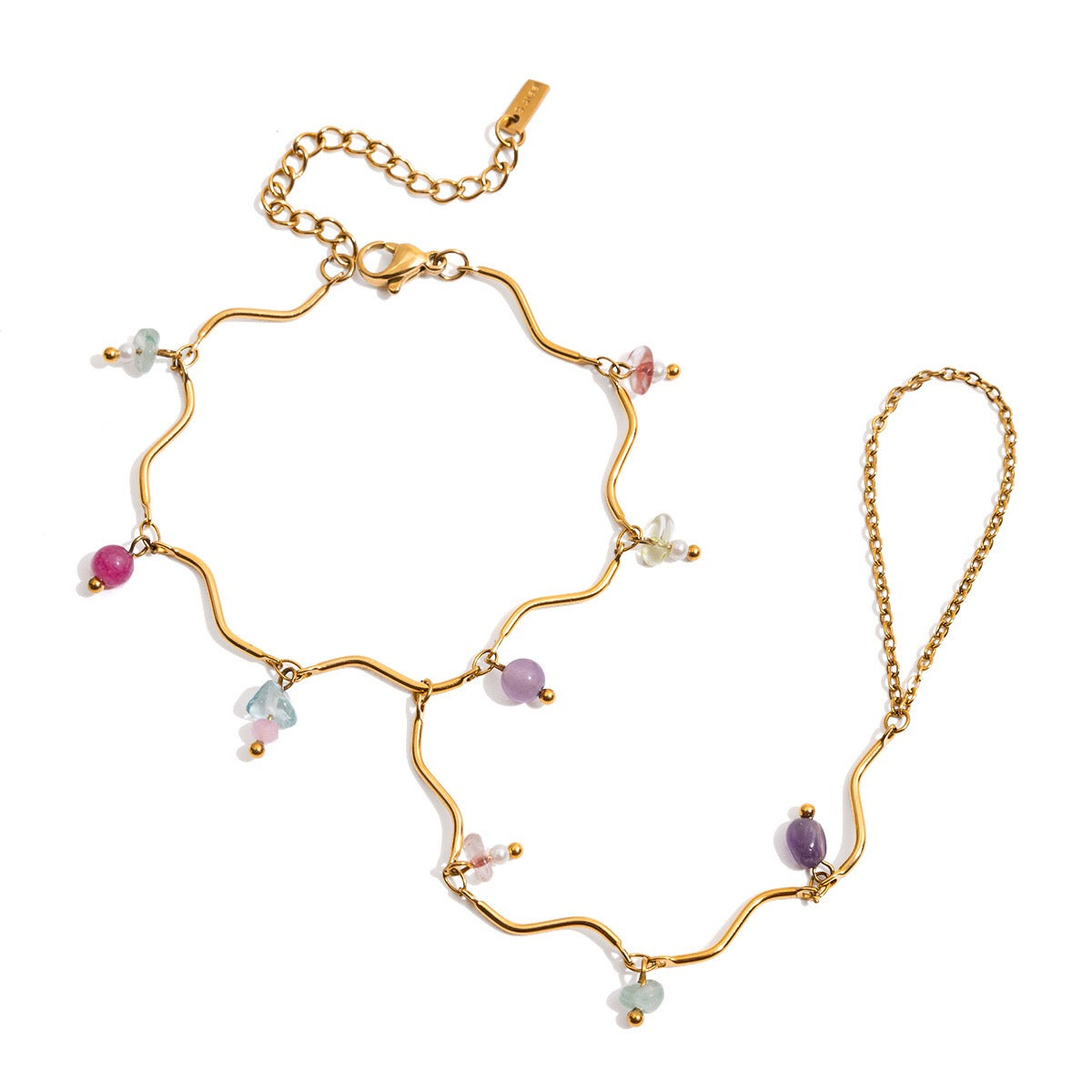 18K Gold Waterproof Pastel Gemstone Delicate Wavy Hand Chain Bracelet