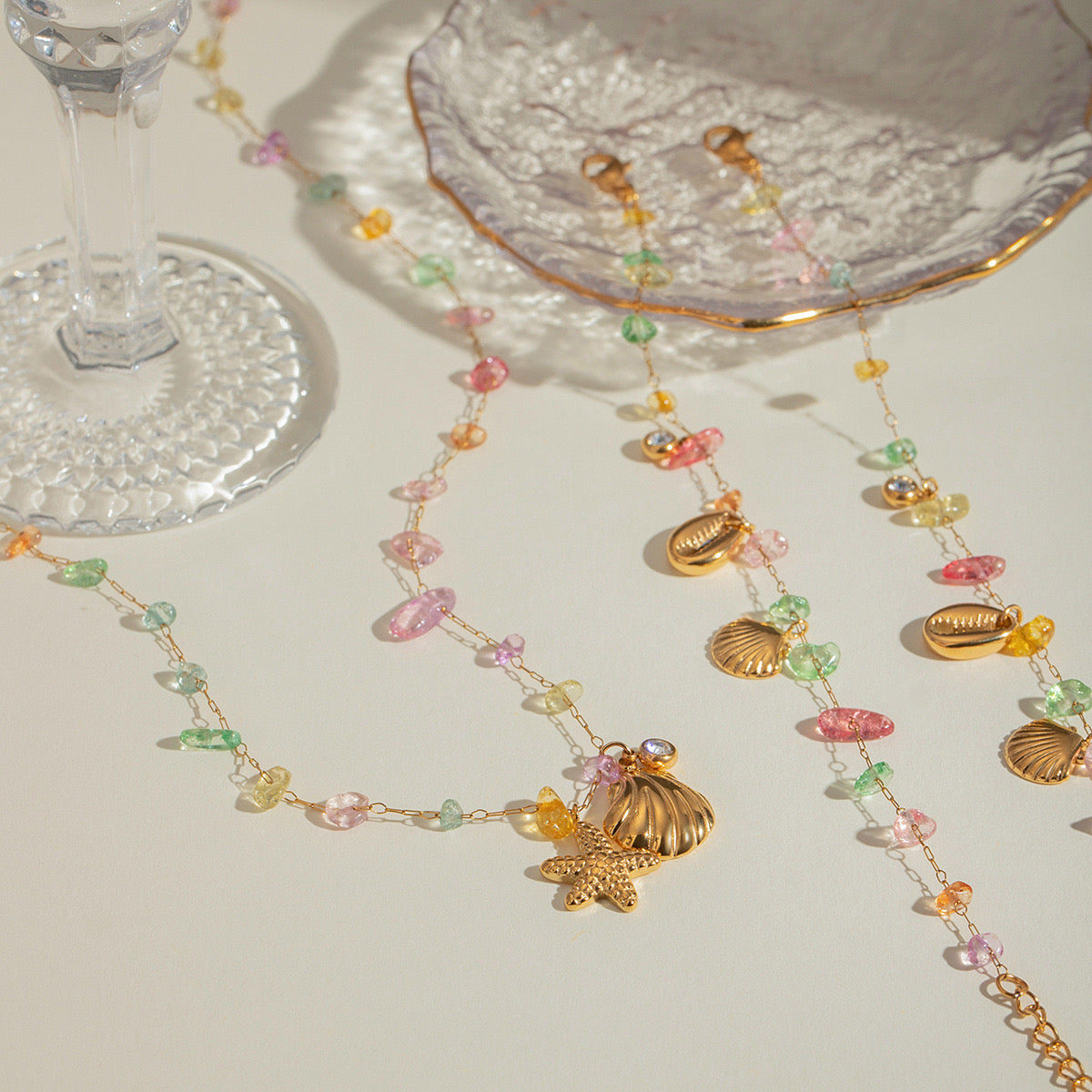 18K Gold Pastel Color Shell Starfish Beaded Charm Necklace